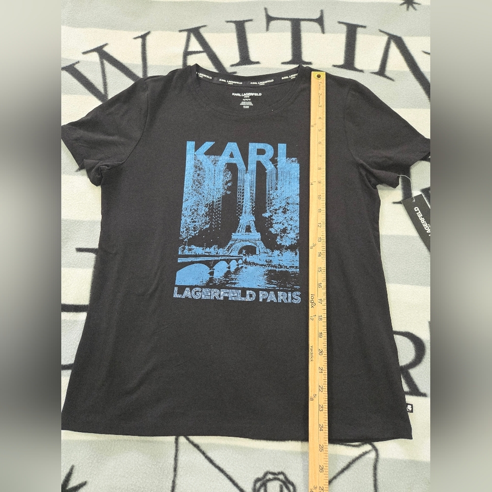 Karl Lagerfeld Paris Black T-Shirt with Blue Graphic Medium & Large NEW - Picture 6 of 15